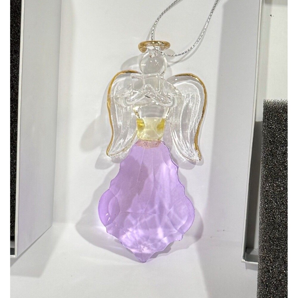Glass Angel Ornament Purple Crystal Gold Trim Open Book Figurine Boxed